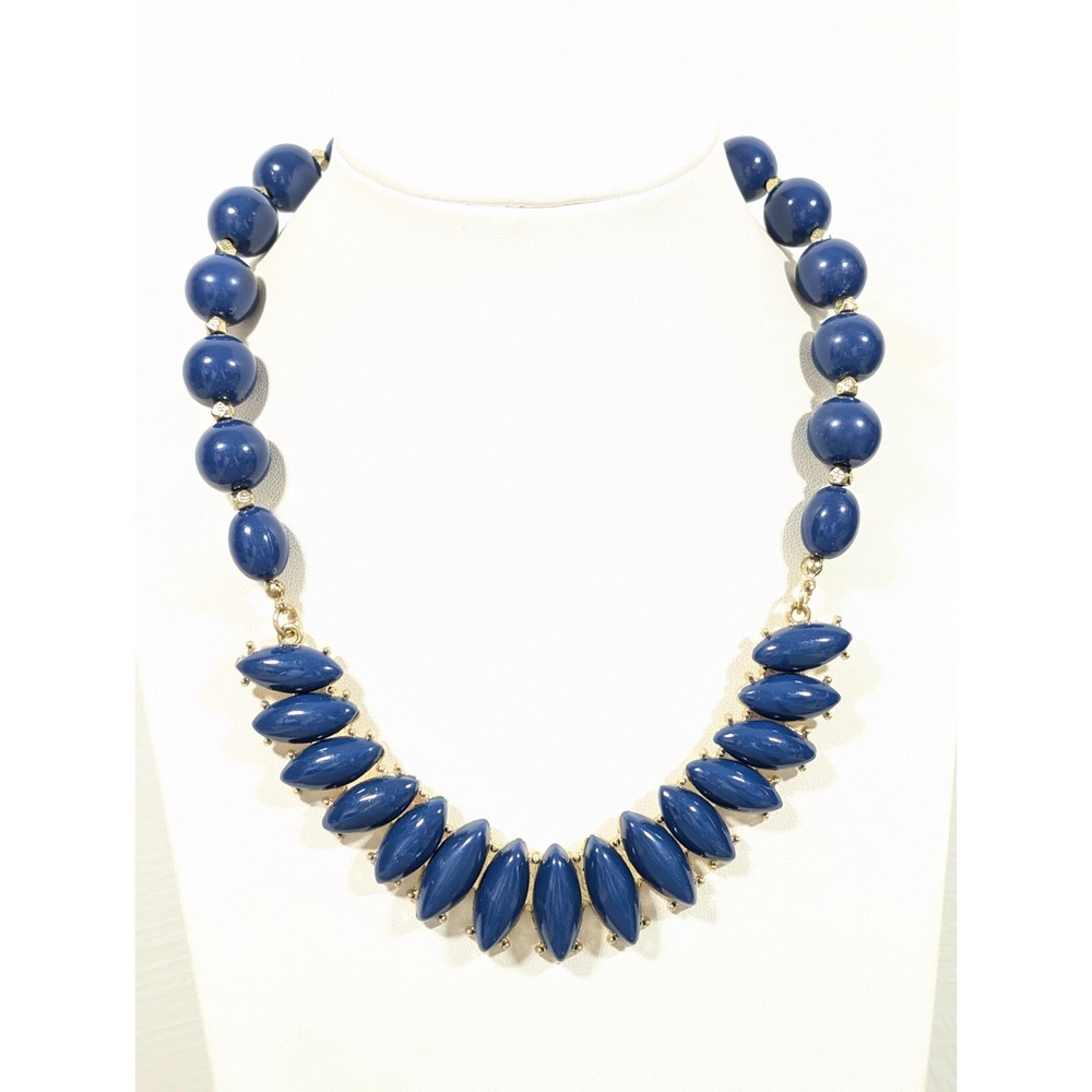 Boho Preppy Blue Marquise Cabochon Beaded Curved Bar Statement Necklace 17 in